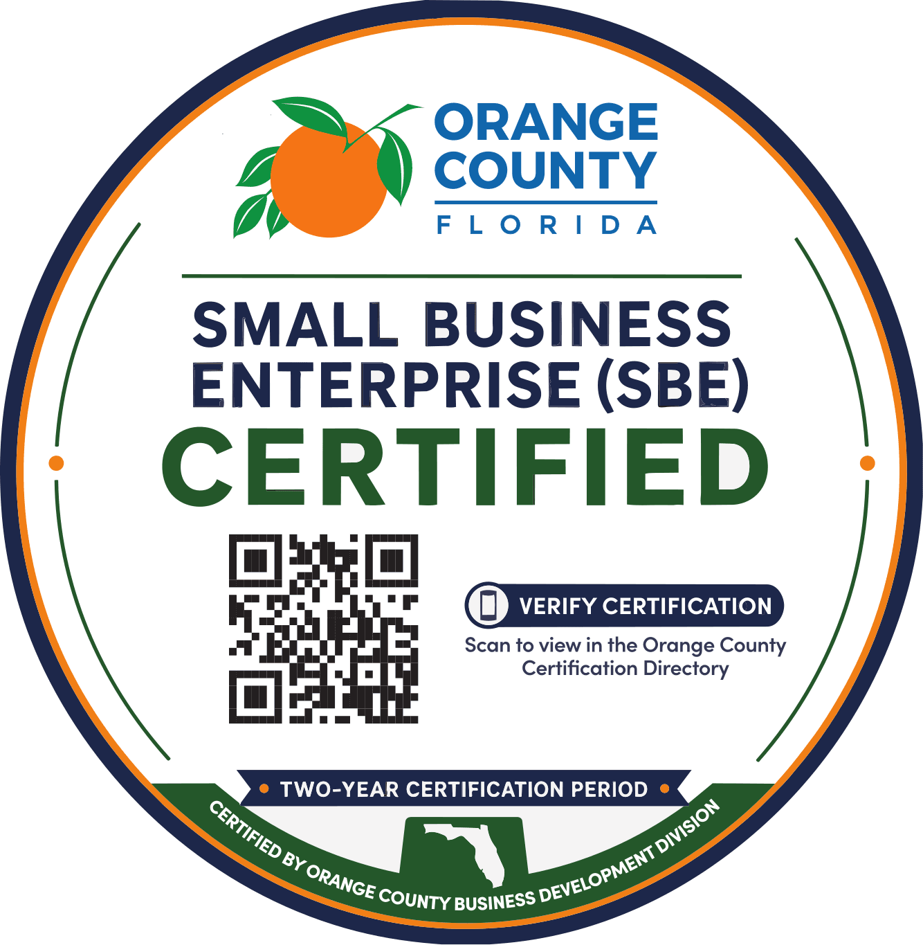 Official 2026 Orange County Florida Small Business Enterprise certified seal with verification QR code