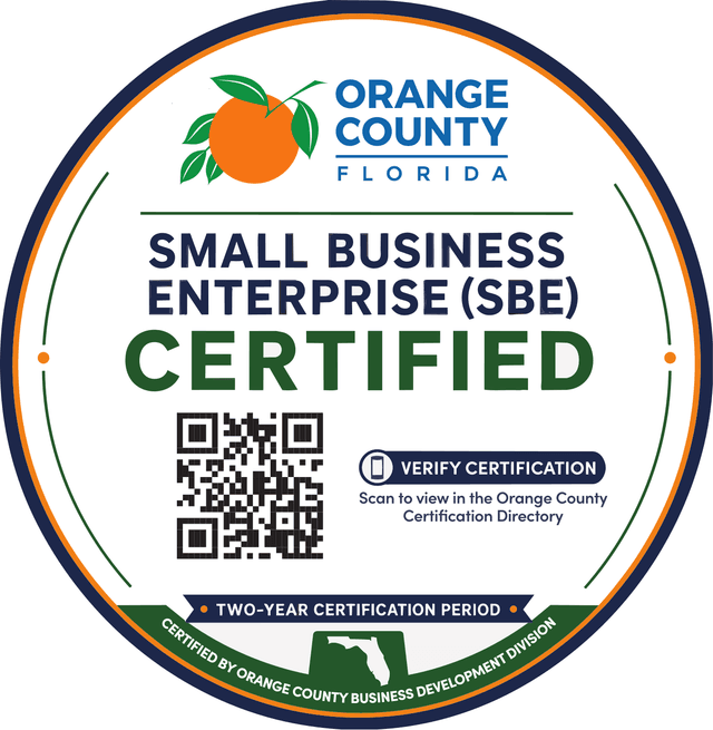 Official 2026 Orange County Florida Small Business Enterprise certified seal with verification QR code